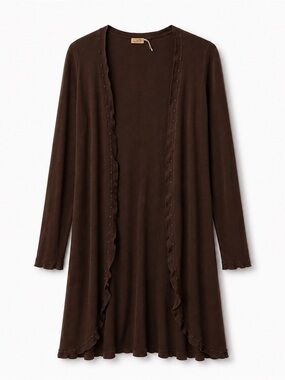 Maxstudio Vintage Brown Long Open Front Ruffle Cardigan Silk Cotton Size M